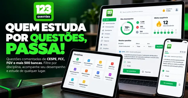 123 Questões: quem estuda por questões passa. Plataforma de questões comentadas de várias bancas, com filtro por disciplina e acompanhamento de desempenho, em notebook, tablet e celular