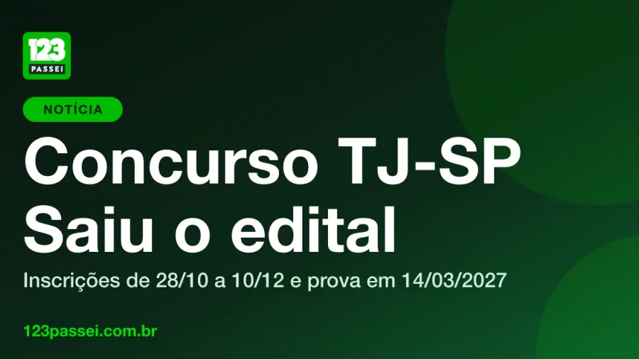 Capa da notícia Concurso TJ-SP: saiu o edital, com o logo da 123 Passei sobre fundo verde