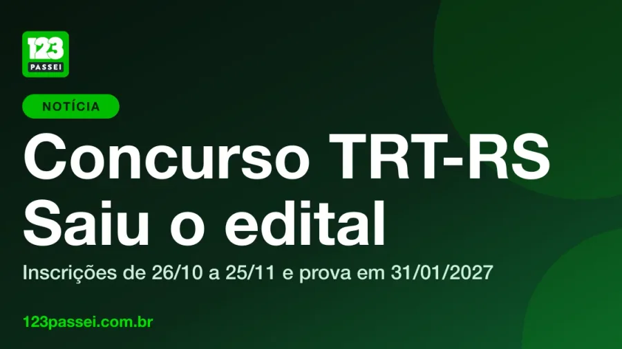 Capa da notícia Concurso TRT-RS: saiu o edital, com o logo da 123 Passei sobre fundo verde