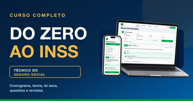 Do Zero ao INSS, curso completo para Técnico do Seguro Social, mostrado em notebook e celular com o banco de questões da 123 Passei