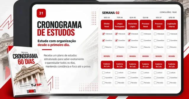 Do Zero ao TJ-SP, curso completo para Escrevente Técnico Judiciário, com o cronograma de estudos semanal da 123 Passei
