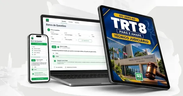 Do Zero ao TRT 8, curso para Técnico Judiciário, mostrado em tablet, notebook e celular com o banco de questões da 123 Passei