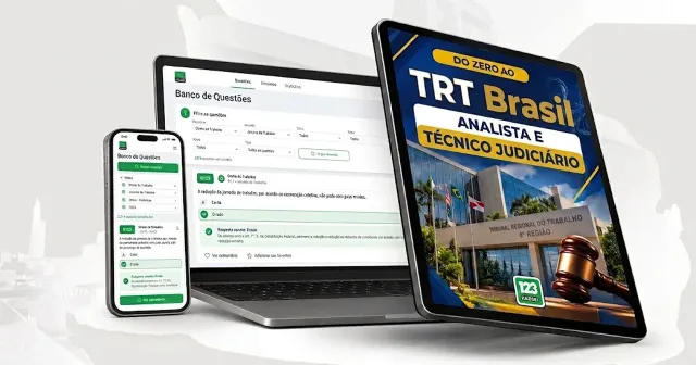 Do Zero ao TRT Brasil, curso para Analista e Técnico Judiciário, mostrado em tablet, notebook e celular com o banco de questões da 123 Passei