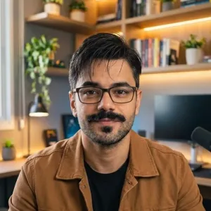Foto de Hugo de Freitas, de óculos e jaqueta marrom, em seu estúdio