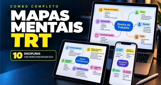 Mapas Mentais TRT, combo completo de mapas mentais em PDF, mostrados em notebook, tablet e celular, com temas como Direito do Trabalho, Direito Constitucional e Raciocínio Lógico