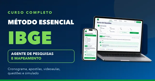 Método Essencial Agente de Pesquisa IBGE, curso completo para Agente de Pesquisas e Mapeamento com cronograma, apostilas, videoaulas, questões e simulado, mostrado em notebook e celular com o banco de questões da 123 Passei
