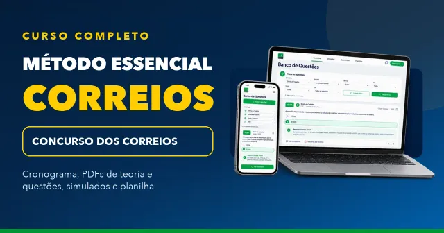 Método Essencial Correios, curso completo com cronograma, PDFs de teoria e questões, simulados e planilha de controle, mostrado em notebook e celular com o banco de questões da 123 Passei