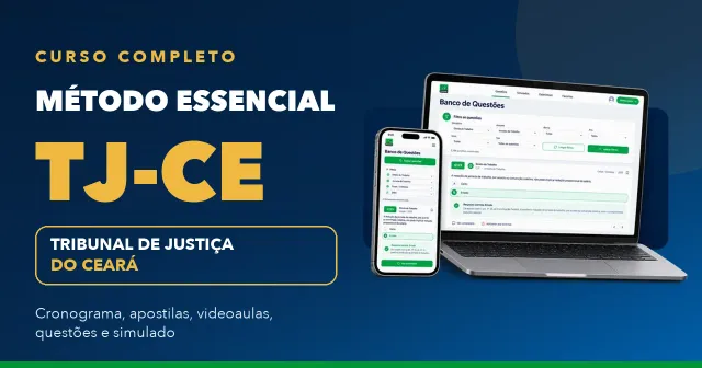 Método Essencial TJ-CE, curso completo para o Tribunal de Justiça do Ceará com cronograma, apostilas, videoaulas, questões e simulado, mostrado em notebook e celular com o banco de questões da 123 Passei