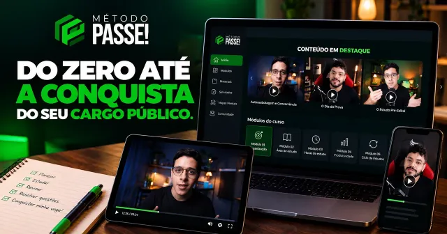 Método Passe: do zero até a conquista do seu cargo público, área de membros com vídeos e módulos do curso, mostrada em notebook, tablet e celular