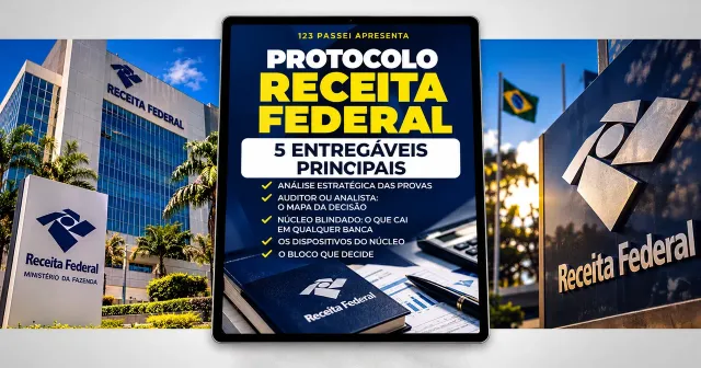 Protocolo Receita Federal, material com 5 entregáveis principais: análise estratégica das provas, mapa da decisão entre Auditor e Analista, núcleo blindado, dispositivos do núcleo e o bloco que decide