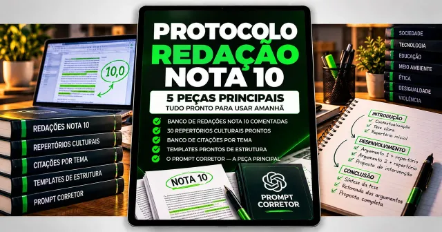 Protocolo Redação Nota 10, material com 5 peças principais: banco de redações nota 10 comentadas, 30 repertórios culturais, banco de citações por tema, templates de estrutura e o prompt corretor