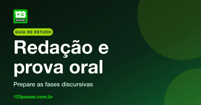 Capa do guia Redação discursiva e prova oral para concursos, com o logo da 123 Passei sobre fundo verde