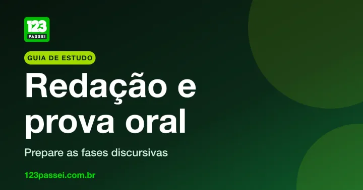 Capa do guia Redação discursiva e prova oral para concursos, com o logo da 123 Passei sobre fundo verde